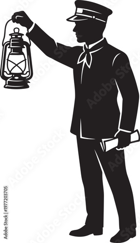 Vintage guard silhouette holding oil lantern and newspaper uniform officer watchman night watch lighting the way security personnel historical classic profession guidance safety service standing perso