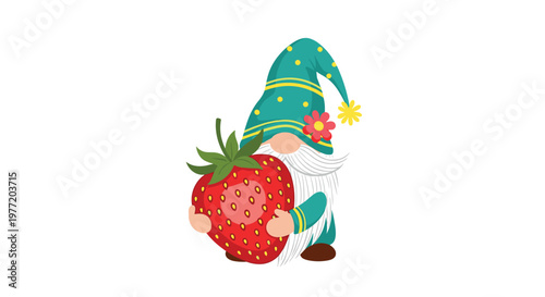 Adorable little gnome with a long white beard and a floral teal hat is shown happily hugging a giant red strawberry illustration.