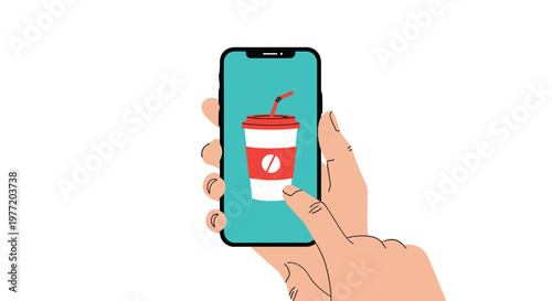Human hand holds a modern smartphone displaying an icon of a takeout coffee cup with a straw against a bright turquoise background.