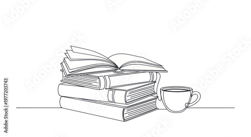 Continuous one line drawing of a stack of books and a cup of coffee