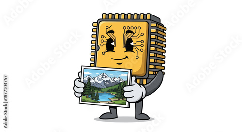 Cute cartoon CPU character holding a generated landscape photo for AI technology