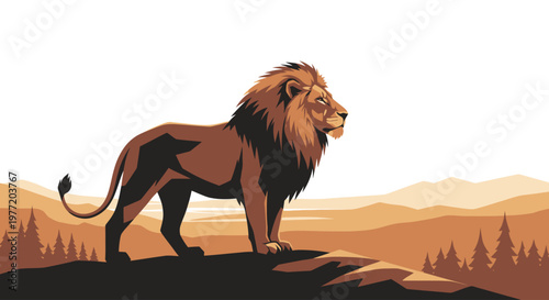 A majestic lion stands proudly on a rocky outcrop in an arid savanna.