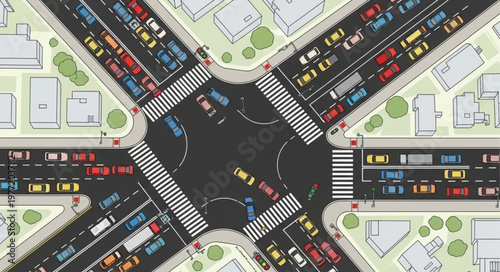 Aerial View of a Busy City Intersection with Traffic.