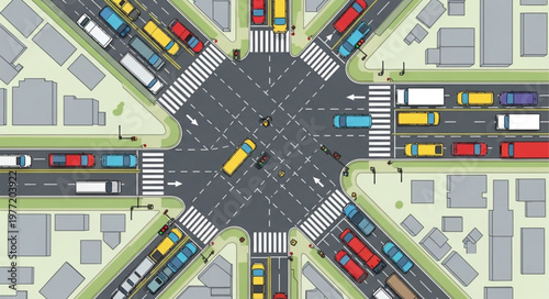 Aerial View of Busy City Intersection with Traffic.