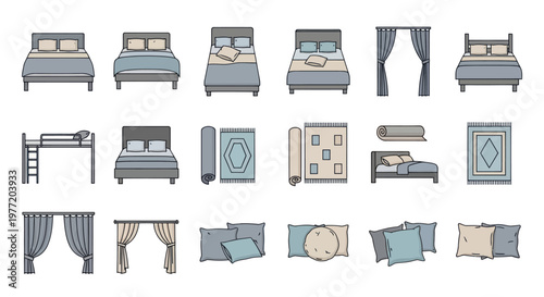 Collection of stylized interior design elements like beds, rugs, and curtains.