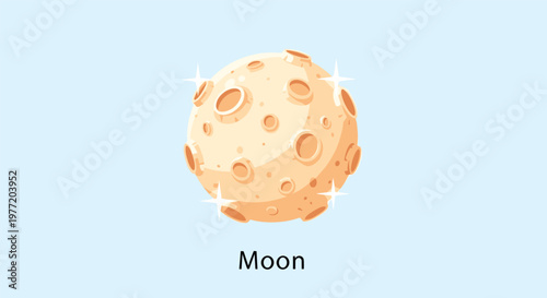 Cartoon style illustration of the moon features a cratered surface and shining stars against a soft light blue circular background.