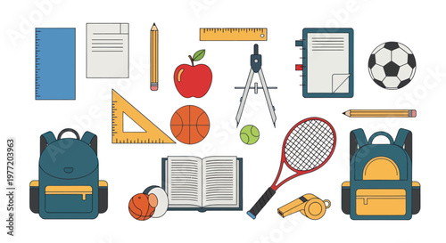 Collection of school and sports supplies for education and leisure.