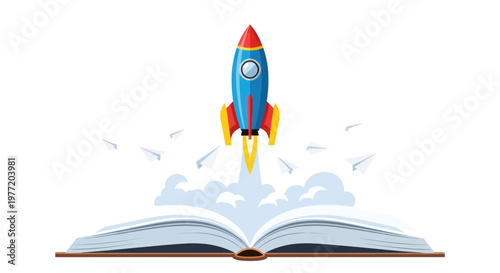 Rocket ship launching from an open book representing imagination and education