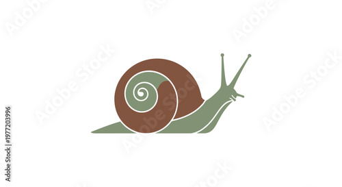 Stylized snail icon with brown shell and green body on white background