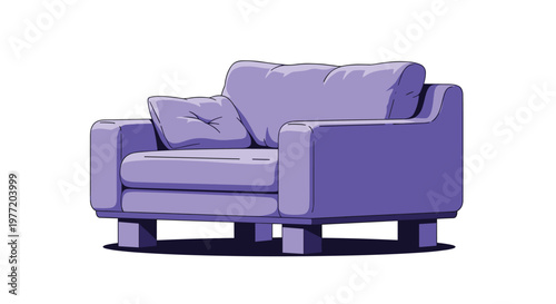 Modern minimalist illustration of a comfortable purple armchair with a soft cushion is presented on a clean white background.