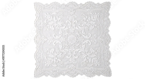White lace decorative tablecloth with floral vintage pattern.