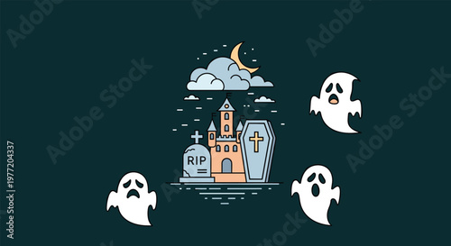 Spooky halloween scene depicts ghosts floating around a haunted castle and a graveyard with a coffin under a crescent moon.