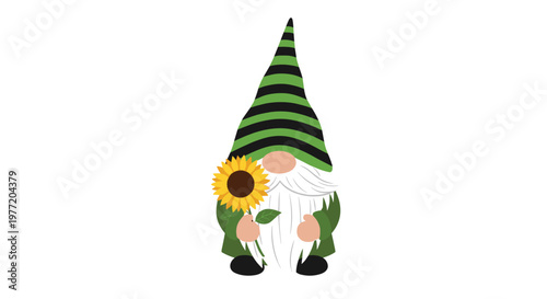 Charming little gnome with a green striped hat and a long white beard is shown holding a bright yellow sunflower on white.