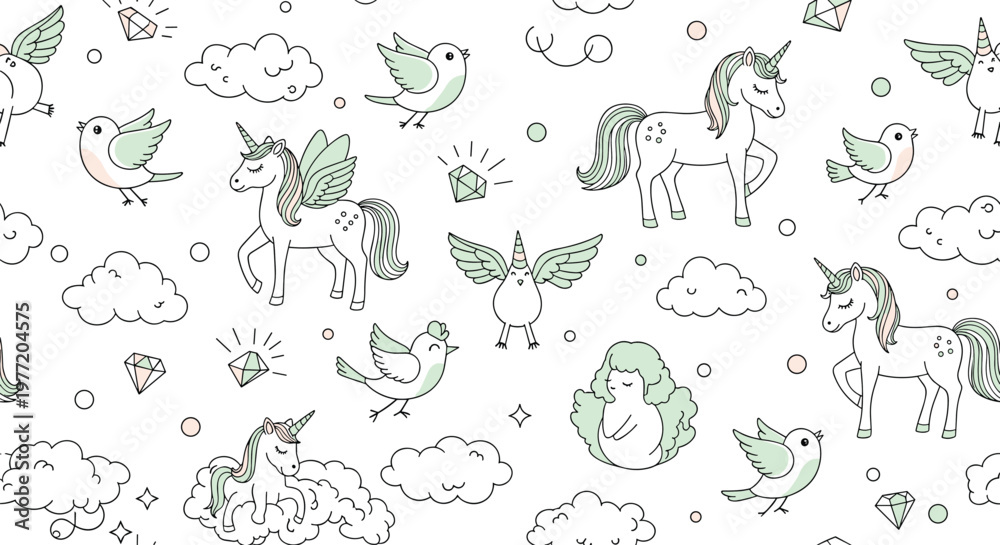 Obraz premium Enchanting seamless pattern for kids features cute unicorns flying birds fluffy clouds and sparkling gems in a whimsical style.