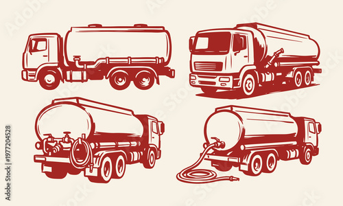Hand Drawn Tanker Truck Silhouette Vector Illustration Set with Fuel Transport Vehicle Oil Delivery and Industrial Design.