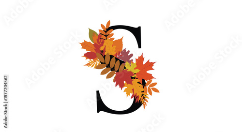 Elegant serif letter s is beautifully adorned with a dense cluster of orange and red autumn maple leaves and rowan berries.