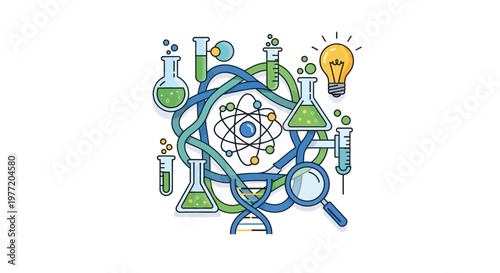 Illustration depicting scientific research, experimentation, and discovery within a lab setting