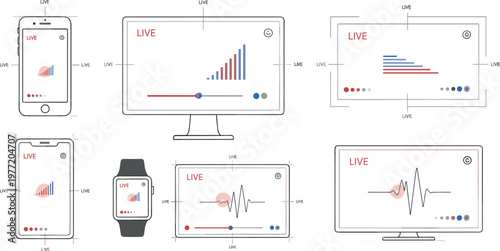 Live streaming dashboard interface across devices with analytics charts, mobile, desktop, and smartwatch screens, modern UI vector illustration set