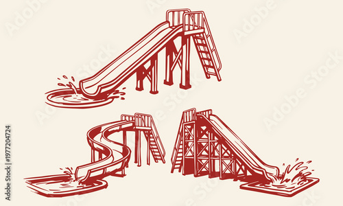 Hand Drawn Water Slide Silhouette Vector Illustration Set with Aqua Park Playground Summer Fun and Recreation Design.