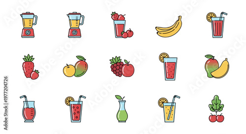 Healthy fruit and smoothie icons in a colorful, modern vector illustration style