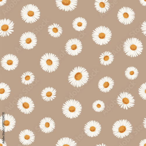 Seamless vector pattern with white daisy lowers floating on a warm, earthy taupe background.