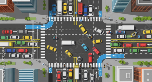 Aerial View of Busy City Intersection with Traffic.