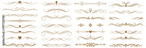 Golden ornamental divider set with refined flourishes, vintage decorative borders, minimal separator lines and artistic filigree accents for wedding invitations and elegant design projects