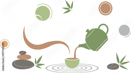 Minimal tea ceremony scene with teapot pouring tea into cup, bamboo leaves, stones, and zen elements vector illustration