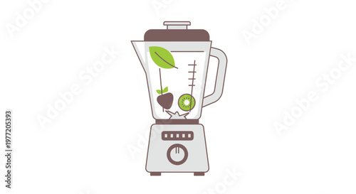 Healthy smoothie preparation illustration featuring fruits and leafy green ingredients in a blender