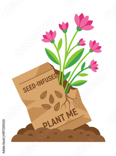 Vibrant illustration of a seed-infused paper bag sprouting a beautiful flowering plant from fertile soil, symbolizing growth, new beginnings, and eco-friendly gardening practices