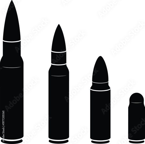 Collection of Bullet and Ammunition Cartridge Silhouettes in Various Calibers for Hunting Military Defense and Ballistics Research Concepts Isolated on Plain White Background Graphic.