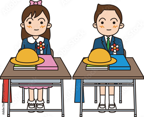 日本の小学校に入学する一年生。正装した男の子と女の子が机に向かって座っているイラスト