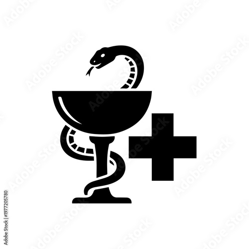 Pharmacy and Medicine Symbol with Snake and Cross Icon