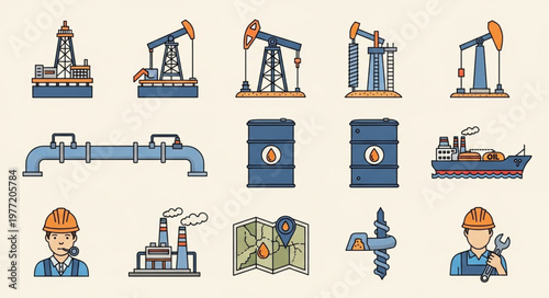Oil and Gas Industry Icons - Exploration, Production, and Transportation.