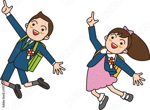日本の小学校に入学する一年生。正装した笑顔の男の子と女の子がジャンプするイラスト。