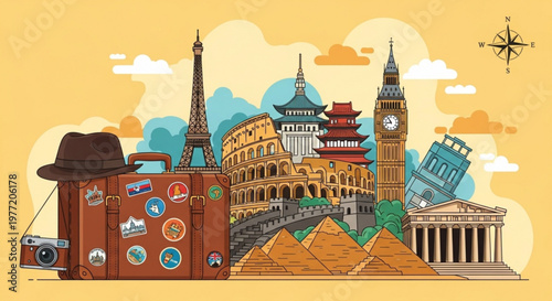 Travel destinations around the world with landmarks and suitcase on yellow background