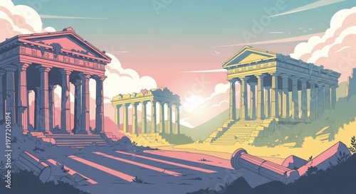Ancient greek ruins with crumbling columns and temples at sunset warm light casting long shadows on a serene landscape