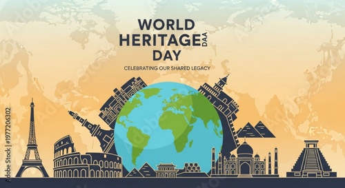 World heritage day celebration with global landmarks and earth globe on orange background