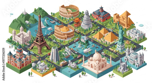Isometric illustration of famous landmarks and monuments from around the world on a map