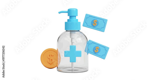 Vector illustration of 3d render of a hand sanitizer bottle with money and coins on a transparent background