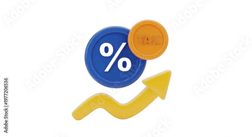 Vector illustration of 3d render of a percentage symbol and a tax coin with an upward trend arrow on a transparent background