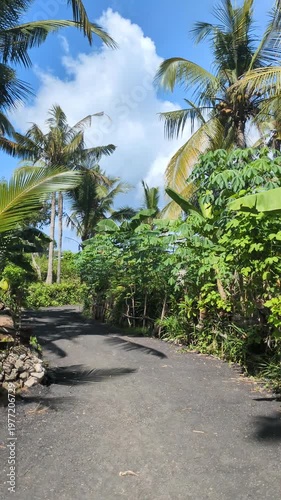 Friends couple riding motorbike through tropical countryside in Bali Asia, honeymoon adventure exploring farmland and remote roads, caucasian travelers enjoying journey on scooter, travel discovery