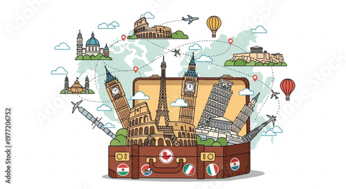 Vintage suitcase overflowing with iconic landmarks and travel symbols representing adventure and exploration