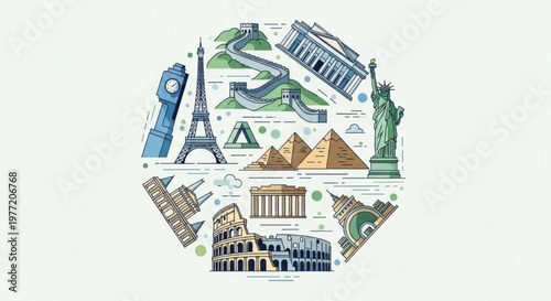 Global landmarks collage in circular frame with famous monuments