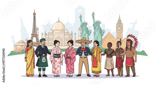 Diverse people in traditional clothing from around the world standing in front of famous landmarks