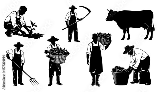 Dynamic farmer silhouettes collection agriculture rural lifestyle planting harvesting black vector illustration set isolated on white background