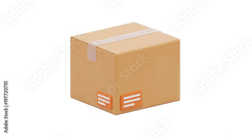 Vector illustration of isometric cardboard delivery box with shipping labels on a transparent background
