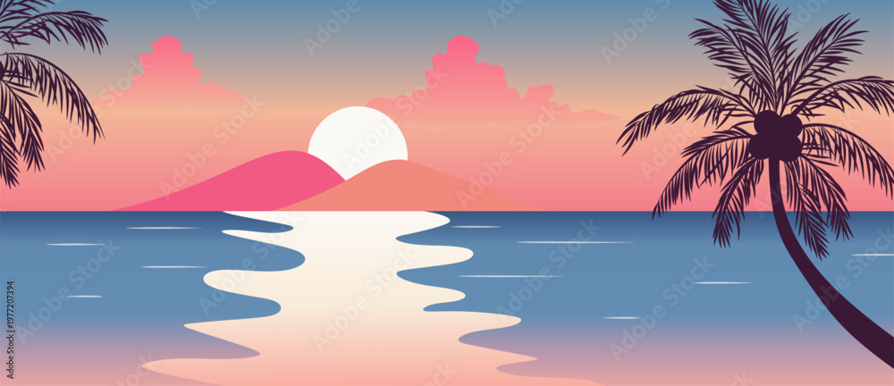 Obraz premium Summer beach sunset background vector with tropical palm trees, ocean waves and sandy shore. Colorful seaside landscape illustration for travel poster, banner and seasonal design.