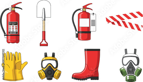 Emergency Safety Gear Set with Fire Extinguisher, Shovel, Gloves, Boots, Gas Mask, and Warning Tape