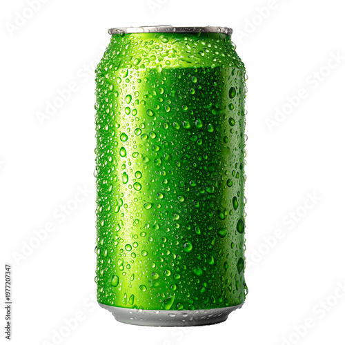 Green soda can covered with water drops on light background.